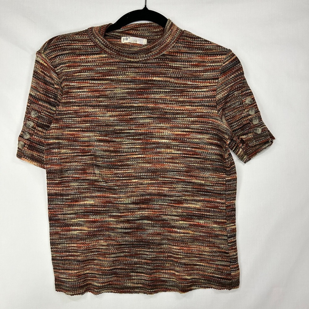 Jolt Vintage 90s Brown Orange Space Dye Mock Neck Knit Top Button Sleeve Medium